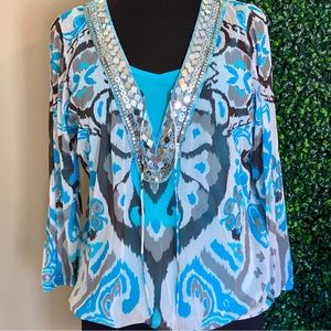 INC boho glitter sheer turquoise top large